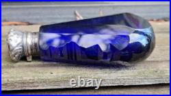 Antique Cobalt Blue Cut Glass With Repousse Sterling Top Scent Perfume Bottle