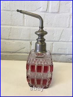 Antique Cranberry & Clear Glass Perfume Atomizer Unique Shape