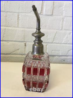 Antique Cranberry & Clear Glass Perfume Atomizer Unique Shape