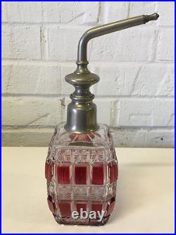 Antique Cranberry & Clear Glass Perfume Atomizer Unique Shape