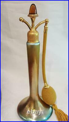 Antique DeVilbiss Tall Steuben Gold & Blue Aurene glass Perfume bottle atomizer