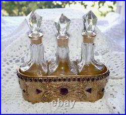 Antique E & J B Empire Art Gold Trio Glass Perfume Bottles Jeweled Brass Holder