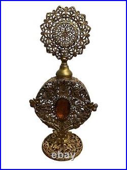 Antique Floral Ormolu Filigree Amber Perfume Bottle withCrystal Dauber
