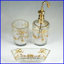 Antique French Baccarat Cut Glass Raised Gold Enamel Perfume Bottle Vanity Set