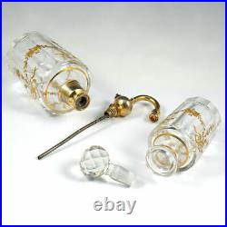 Antique French Baccarat Cut Glass Raised Gold Enamel Perfume Bottle Vanity Set