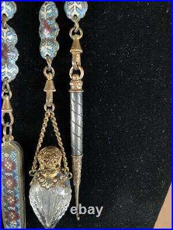 Antique French Enamel Chatelaine Five Piece with Scent Bottle
