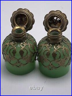 Antique French Green Opaline Glass Perfume Bottle Set