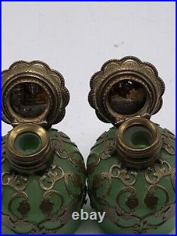 Antique French Green Opaline Glass Perfume Bottle Set