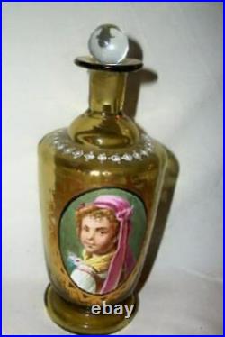 Antique French HP Lady Miniature Portrait Glass Perfume Oil Bottle Moriage