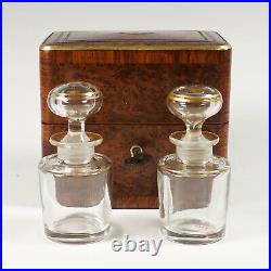 Antique French Perfume Caddy, Burl Wood & Brass Inlay Box Baccarat Scent Bottles
