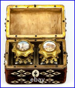 Antique French Scent Casket, Caddy, 2 Perfume Flask, Eglomise Views of Paris