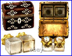 Antique French Scent Casket, Caddy, 2 Perfume Flask, Eglomise Views of Paris