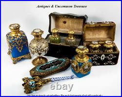 Antique French Scent Casket, Caddy, 2 Perfume Flask, Eglomise Views of Paris