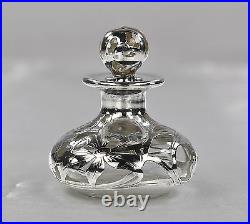 Antique Glass Perfume Bottle with Sterling Silver Overlay Art Nouveau Style