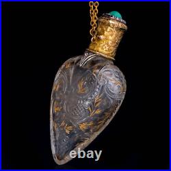 Antique Gold Diamond & Turqouise Glass Heart Scent Bottle c. 1880