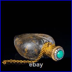 Antique Gold Diamond & Turqouise Glass Heart Scent Bottle c. 1880