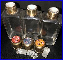 Antique Guilloche Enamel Traveling Perfume Bottles Set in Leather Case Germany
