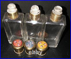 Antique Guilloche Enamel Traveling Perfume Bottles Set in Leather Case Germany