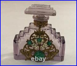 Antique Hoffman Czech Glass Jeweled Perfume Bottle Amethyst Art Deco