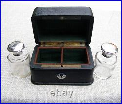 Antique Ladies Leather Silk Lined Cut Crystal Silver Engraved Tops Perfume Chest
