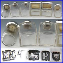 Antique Mappin & Webb Sterling Silver & Cut Glass 6pc Vanity Set, Jars, Perfume
