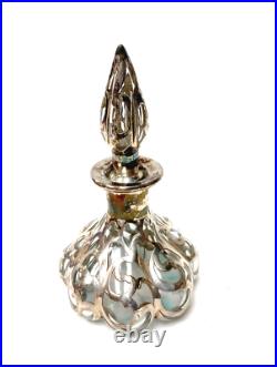 Antique Melon Shaper Glass Perfume Bottle Sterling Silver Overlay