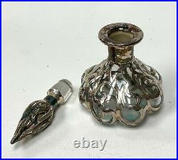 Antique Melon Shaper Glass Perfume Bottle Sterling Silver Overlay