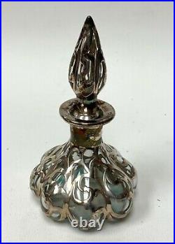 Antique Melon Shaper Glass Perfume Bottle Sterling Silver Overlay