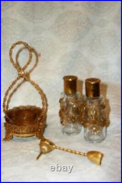 Antique Miniature Filigree Ormolu French Perfume Bottles Jeweled Holder Funnel