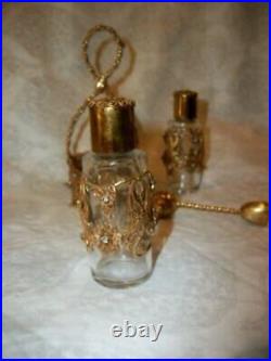 Antique Miniature Filigree Ormolu French Perfume Bottles Jeweled Holder Funnel