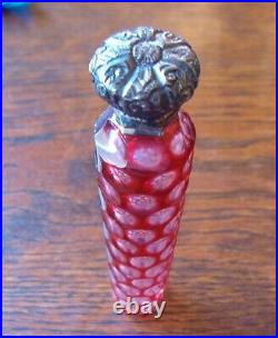 Antique Nice Red Overlay Cut Glass Perfume Scent Bottle Silver LID 1880