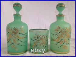 Antique Pair French Green Opaline Hand Painted Perfume Bottles 2 Glass + Tumbler