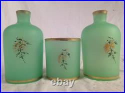 Antique Pair French Green Opaline Hand Painted Perfume Bottles 2 Glass + Tumbler