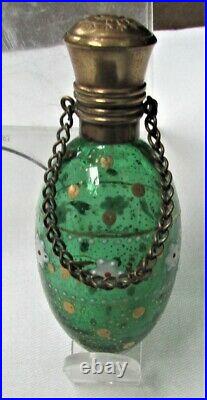Antique Perfume Scent Green Glass Bottle Raised Enamel Chatelaine Ex-condition
