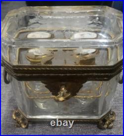 Antique RARE Embossed Flowers Crystal Cut Ormolu Box with Perfume Bottles France