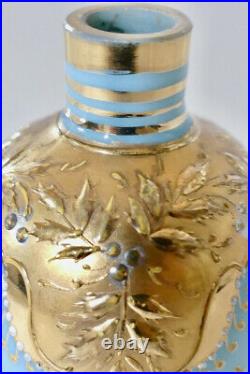 Antique Rare Moser1880s Small Blue Opaline Gilt Enameled Glass Perfume Bottle