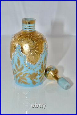 Antique Rare Moser1880s Small Blue Opaline Gilt Enameled Glass Perfume Bottle