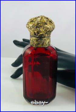 Antique Red Cut Glass with Repousse Gold Sterling Top Scent Perfume Bottle