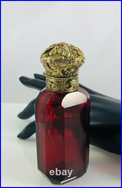 Antique Red Cut Glass with Repousse Gold Sterling Top Scent Perfume Bottle