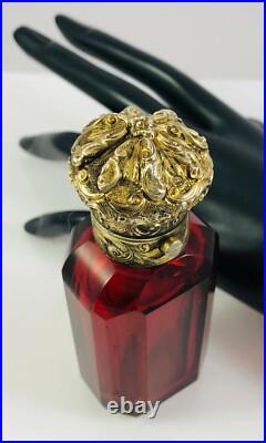 Antique Red Cut Glass with Repousse Gold Sterling Top Scent Perfume Bottle