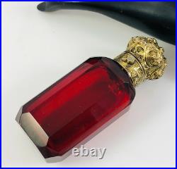 Antique Red Cut Glass with Repousse Gold Sterling Top Scent Perfume Bottle