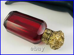 Antique Red Cut Glass with Repousse Gold Sterling Top Scent Perfume Bottle