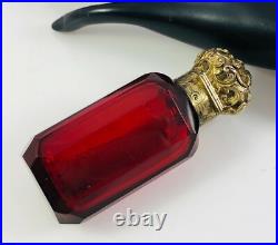 Antique Red Cut Glass with Repousse Gold Sterling Top Scent Perfume Bottle