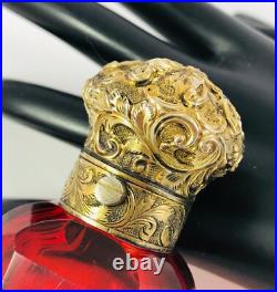 Antique Red Cut Glass with Repousse Gold Sterling Top Scent Perfume Bottle