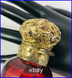 Antique Red Cut Glass with Repousse Gold Sterling Top Scent Perfume Bottle