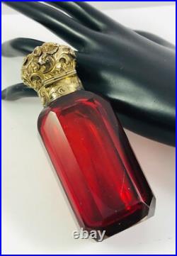 Antique Red Cut Glass with Repousse Gold Sterling Top Scent Perfume Bottle