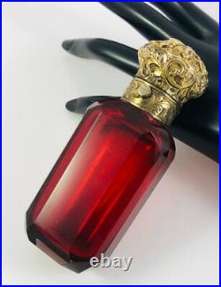 Antique Red Cut Glass with Repousse Gold Sterling Top Scent Perfume Bottle