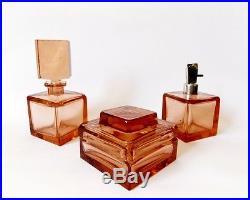 Antique Red Glass Vanity Dresser Set Tray Powder Box Perfume Bottle Vintage