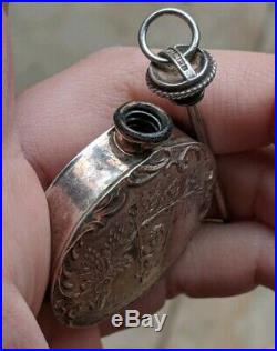 Antique Repoussé Chatelaine Victorian Sterling Round Perfume Bottle Fob Pendant