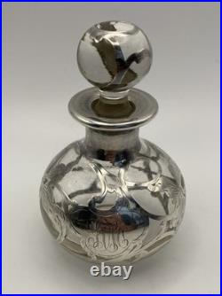 Antique Sterling Silver Overlay Glass Perfume Bottle Art Nouveau Empty Vintage